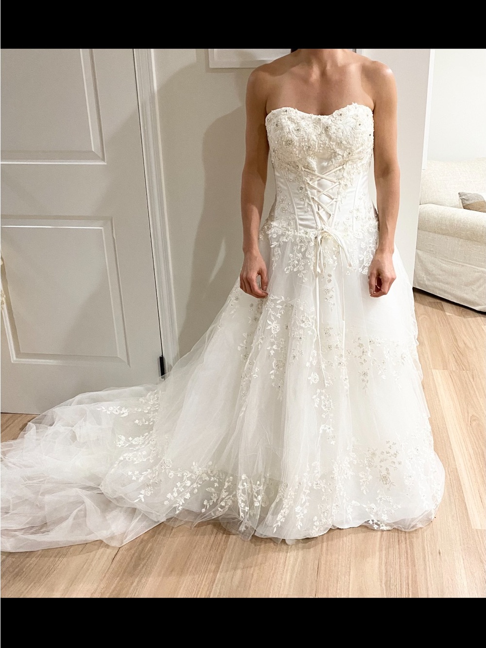 Strapless Lace-Up Ivory Wedding Gown with Floral Appliqué